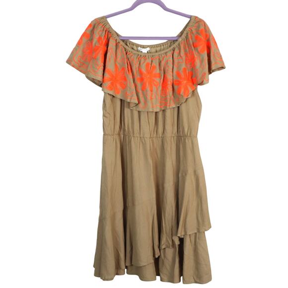 NWT Cato Tan SunDress Off Shoulder Ruffle Embroidered Orange Flowers Large Flowy - Picture 1 of 6